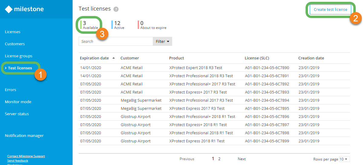 Managing test licenses