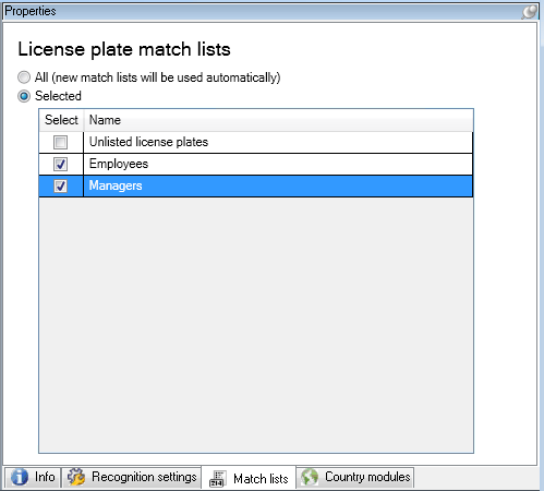 The settings for license plate match lists in the Properties window for LPR cameras.