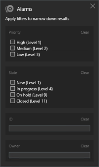 Search filters related to alarms in XProtect Smart Client.