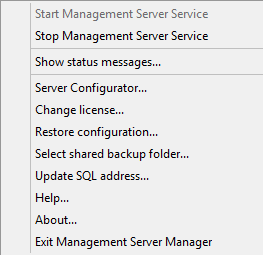 Le menu contextuel après qu'un utilisateur effectue un clic droit sur l'icône de la barre des tâches Management Server Manager.