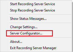 Le menu contextuel après qu'un utilisateur effectue un clic droit sur l'icône de la barre des tâches Recording Server Manager.