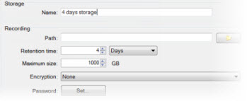 Example of retention times for recordings in XProtect Management Client.