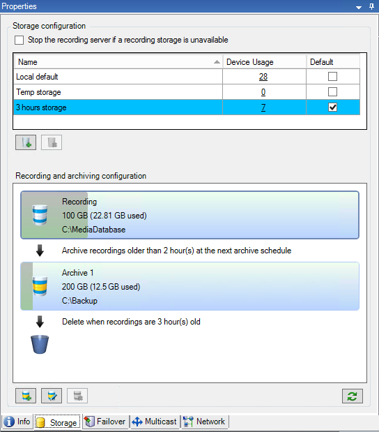 Configuration du stockage et de l'archive dans XProtect Management Client.