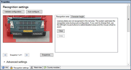 The Recognition area settings in the Properties window for LPR cameras.