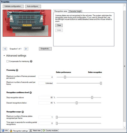 The Advanced settings in the Properties window for LPR cameras.