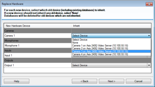 The Replace Hardware wizard window showing how to map devices in the Inherit column.