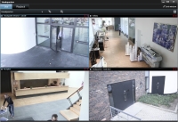 Four camera feeds from the Headquarters group in XProtect Smart Client. The feeds show the reception, the entrance, a hallway, and a back entrance.