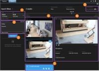 Wyszukaj kartę w XProtect Smart Client – Player. Różne obszary, takie jak przyciski i widoki, są podświetlone i ponumerowane.