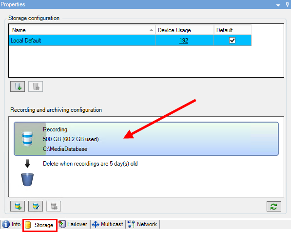 Open the Storage and Recording Settings from the Recording bar on the Storage tab.