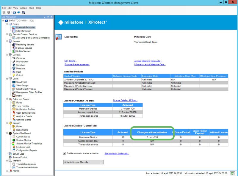 License information window under Basics node in the Management Client.