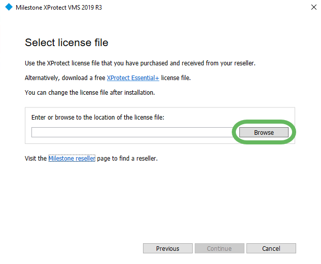 The Select license file window in the XProtect VMS installer.