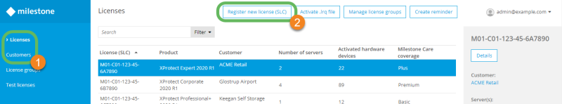 The licenses page in Milestone Customer Dashboard.