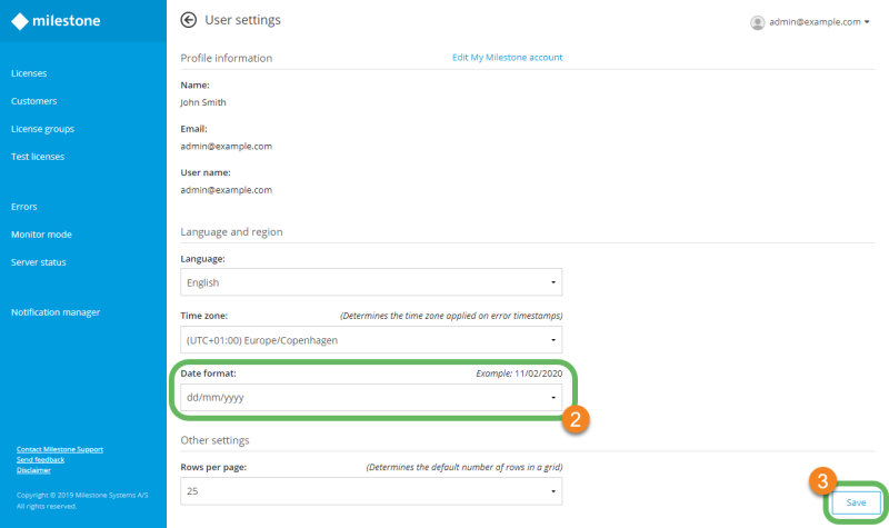 The user settings page in Milestone Customer Dashboard.