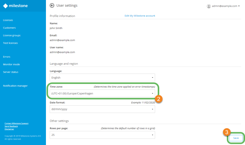 The user settings page in Milestone Customer Dashboard.