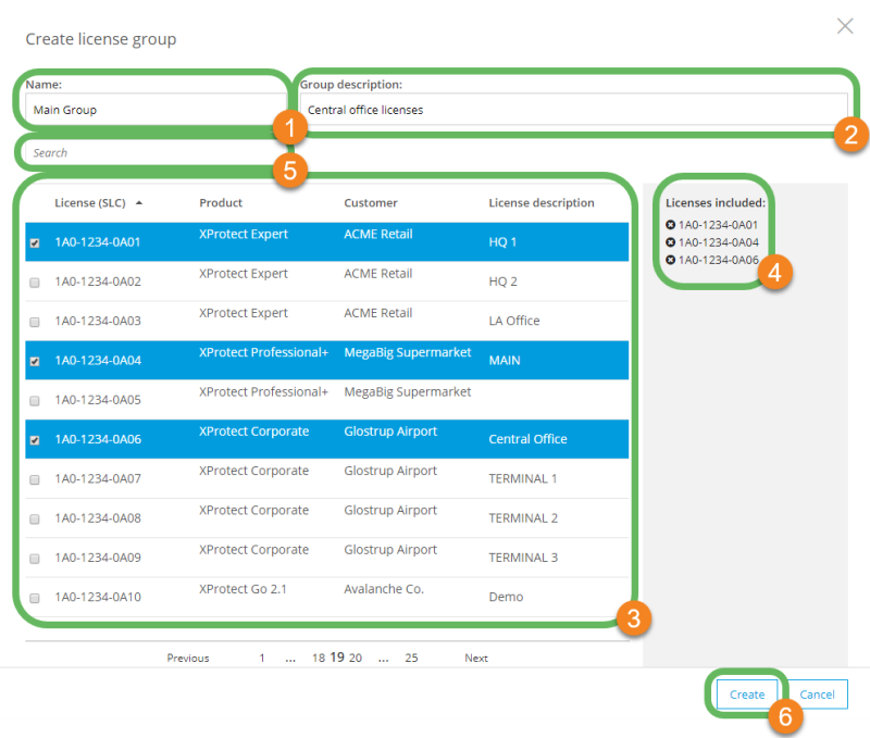 The Create license group window in Milestone Customer Dashboard.