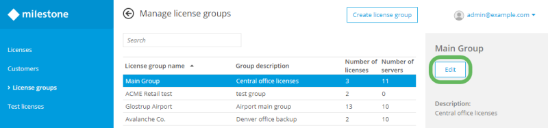 Edit a selected license group from the License groups page.