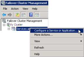 Failover Cluster Management window in Microsoft Windows Server 2012.