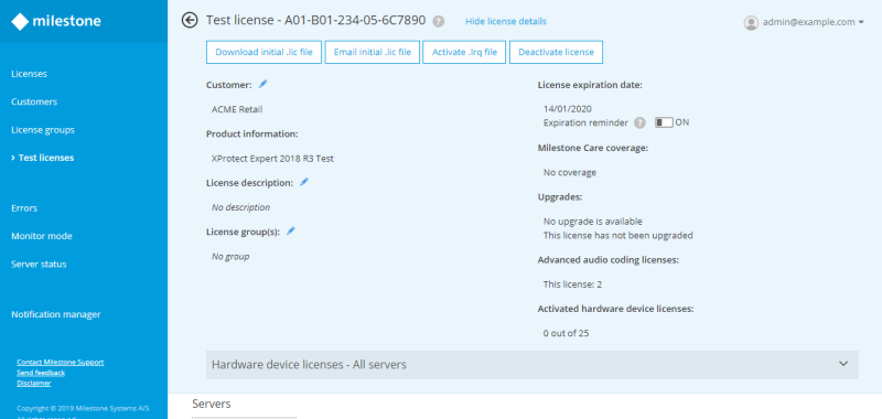Details of a test license in Milestone Customer Dashboard.