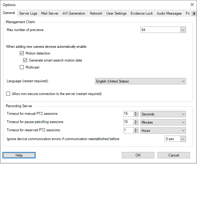 System settings (Options dialog box)