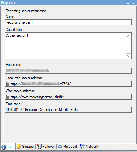 Info tab overview for a selected recording server. 