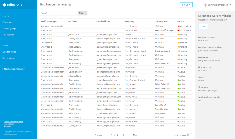 The Notification manager page in Milestone Customer Dashboard.