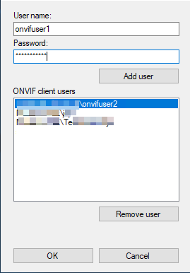 Enter the domain\user name and password for each user who has ONVIF client rights and click Add user.