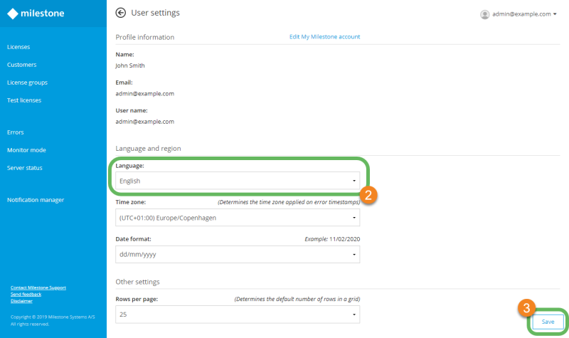 The user setting page in Milestone Customer Dashboard.