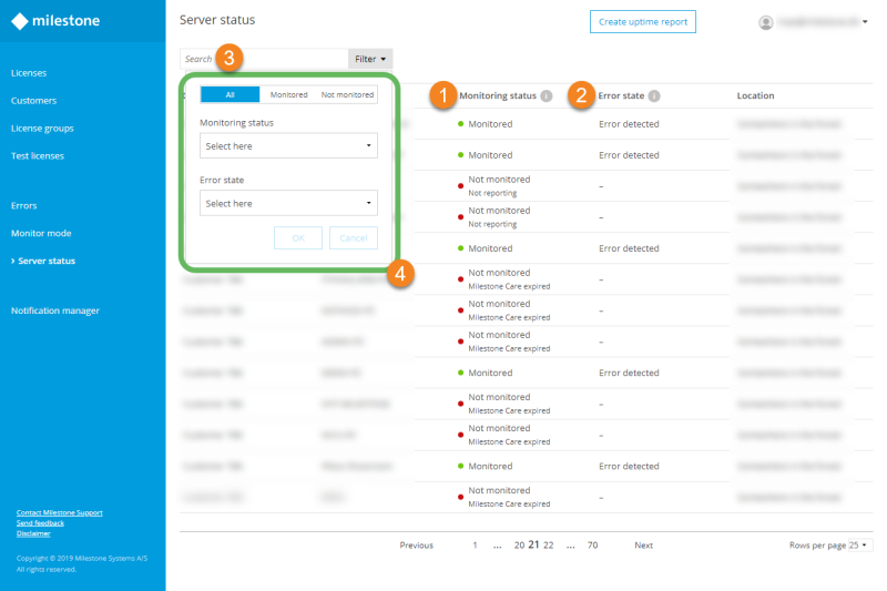 The search filter on the Server status page in Milestone Customer Dashboard.