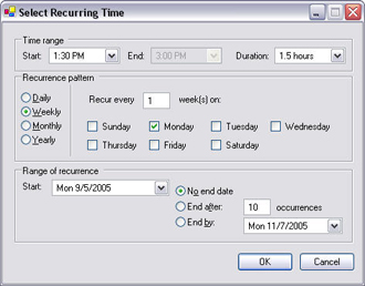 The Select Recurring Time window with sample dates. 