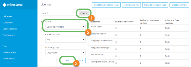 The license filter on the Licenses page in Milestone Customer Dashboard. 