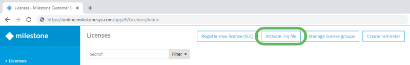 The Activate .lrq file button on the Licenses page in Milestone Customer Dashboard.