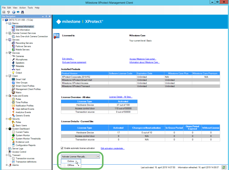 Activate license manually from the license information window under the Basics node in the Management Client. 