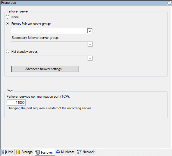 Failover tab overview opened for a selected recording server.