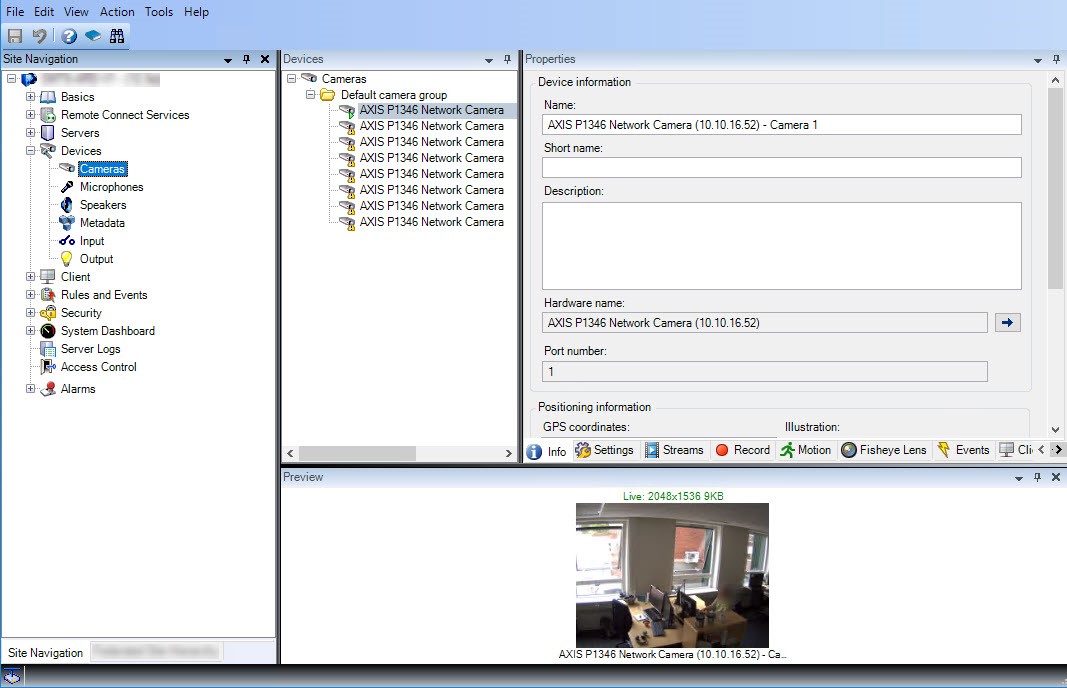 An XProtect Management Client layout with Site Navigation, Overiview and Properties panes showing device information for a camera.