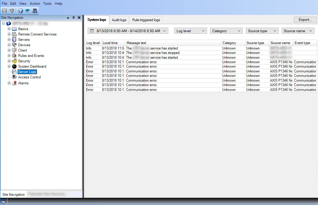 An XProtect Management Client layout with opened System logs. 