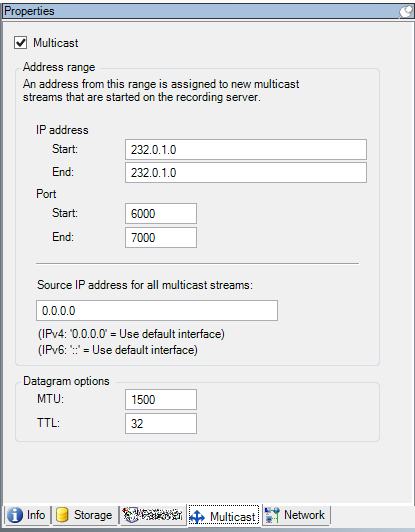 Multicast tab overview opened for a selected recording server.