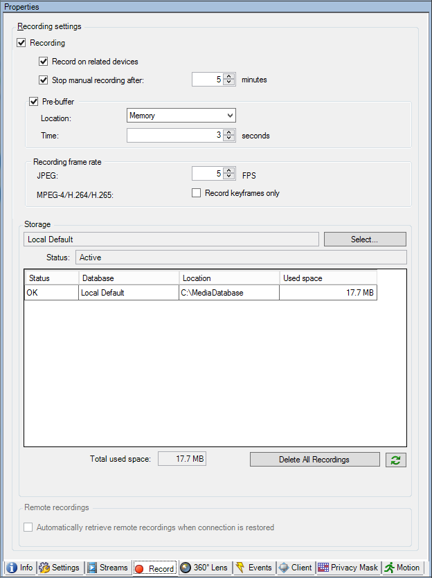 Record tab overview for a selected device.