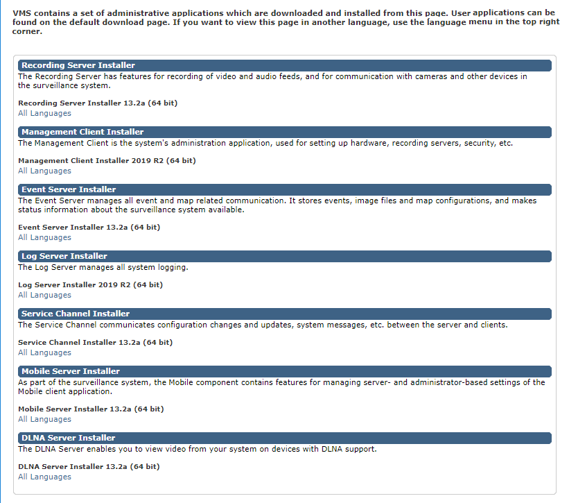 Download Manager web page. Administrators view.