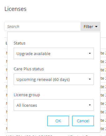 The search filters for licenses in Milestone Customer Dashboard.