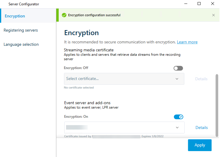 The encryption tab in the Server Configurator with enabled encyption and installed certificates. 