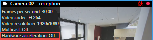 The video diagnostics status for hardware acceleration in XProtect Smart Client.