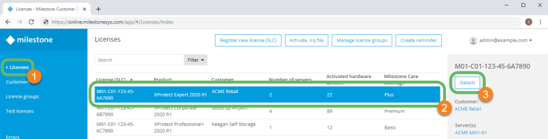 The Details button on the licenses page in Milestone Customer Dashboard.