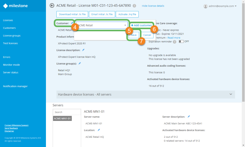 The license details page in Milestone Customer Dashboard.