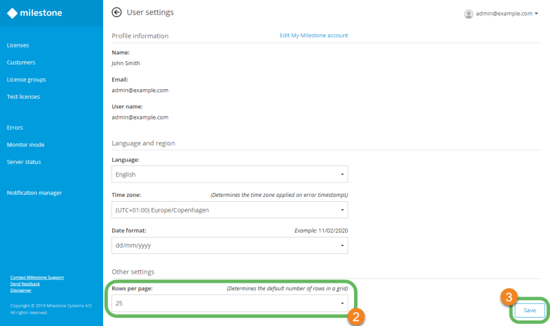 The user settings page in Milestone Customer Dashboard