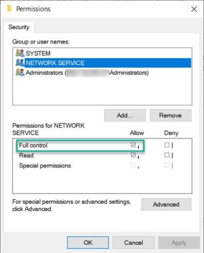 Allow full control for NETWORK SERVICE from the Securty tab in the Permissions window.