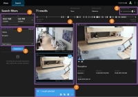 Fliken Sök i XProtect Smart Client – Player. De olika områdena, såsom knappar och vyer, är markerade och numrerade.
