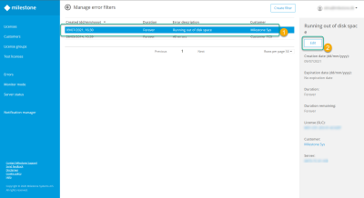 The Edit button for a selected error filter on the Manage error filters page in Milestone Customer Dashboard.