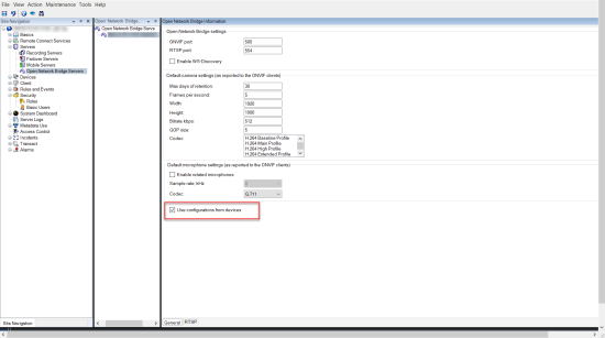 Use configuration from cameras check box in the Open Network Bridge Information pane. 