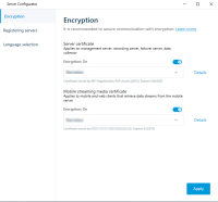 The encryption tab in the Server Configurator with enabled encyption and installed certificates. 