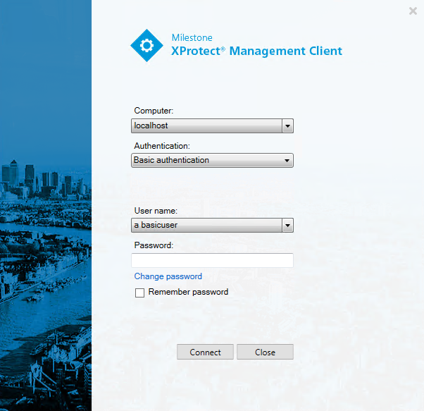 The login window for basic users in XProtect Management Client.